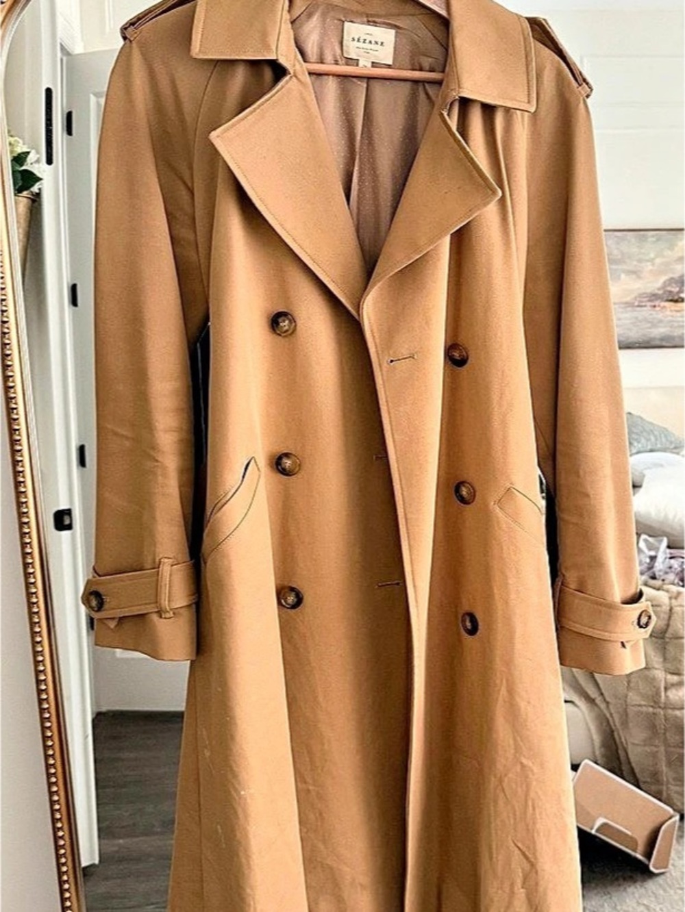 Sézane Double-Breasted Trench Coat in Camel